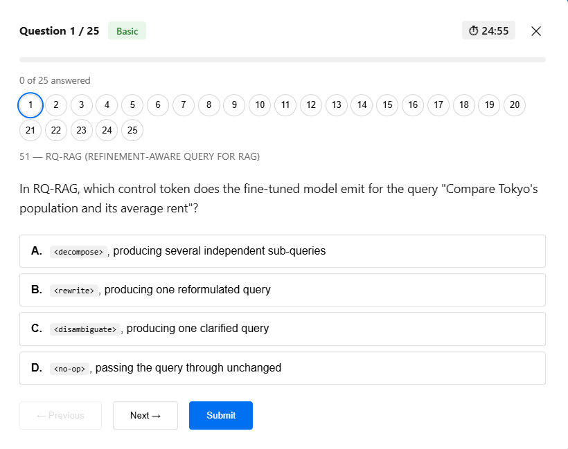 Self-Assessment question screen showing a multiple-choice question, progress tracker, and countdown timer