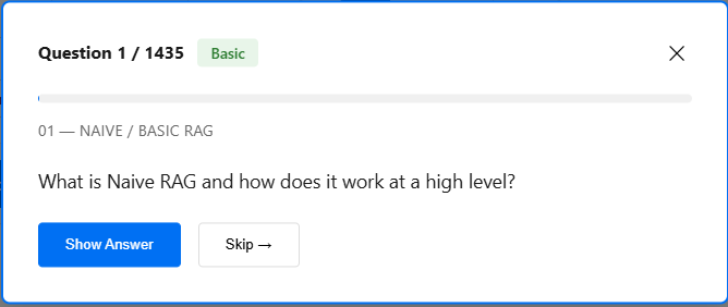 Practice Quiz flashcard showing a question with Show Answer and Skip buttons